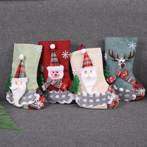 Weihnachtsstrumpf Leinen Süßigkeiten Geschenkbeutel Mit Weihnachtsmann Schneemann Rentier Muster Für Feiertags Heim Party Deko