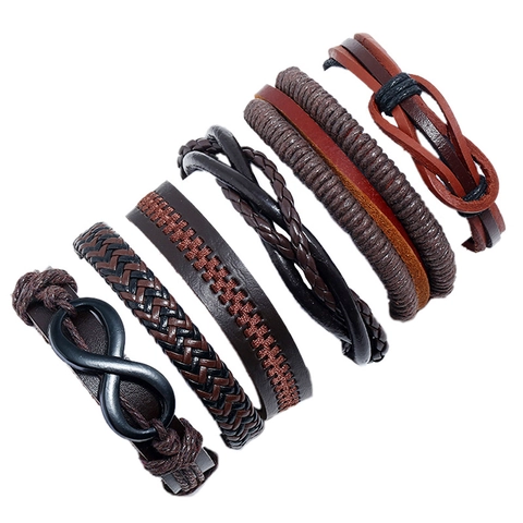 Retro Men Bracelet Cowhide Leather Alloy PU Hemp Rope Wax Cord Braided Adjustable Infinity Charm Vintage Punk Style
