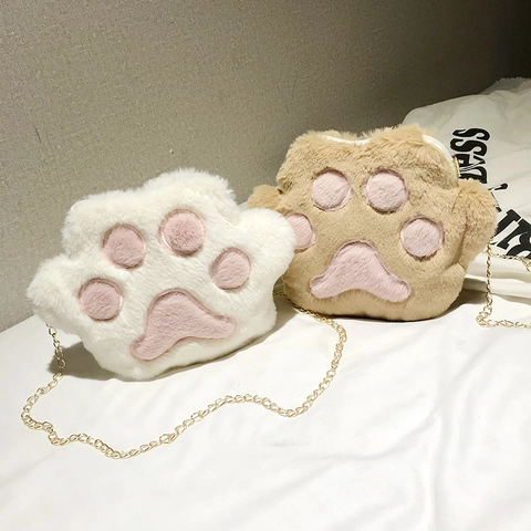 Süße Katzenpfote Plüsch Umhängetasche Weich Cartoon Kawaii Schultertasche Mit Goldener Metallkette Für Damen Mädchen