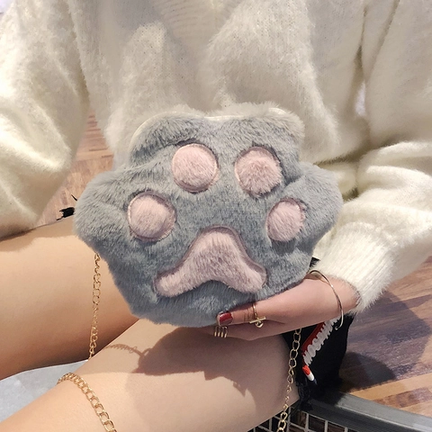 Cute Cat Paw Plush Crossbody Bag Faux Fur Mini Round Gold Chain Shoulder Purse For Girls