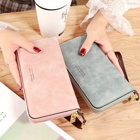 Portefeuille Long Pour Femmes Cuir PU Mat Grande Capacité Pochette Zippée Avec Dragonne Style Vintage Pour Dames