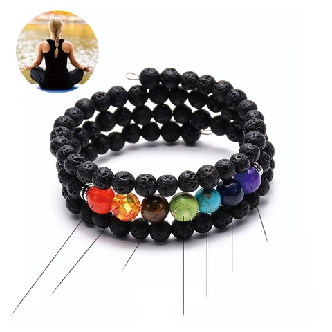 Bracciale Avvolgente a Più Strati Chakra in Pietra Lavica Naturale Grani di Energia Curativa Yoga Meditazione Diffusore di Aromaterapia Gioielli per Uomo Donna