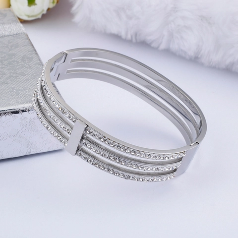 Brazalete De Acero Inoxidable Con Triple Fila Calada Y Diamantes De Imitación Joyería De Moda Moderna Regalo Para Mujer