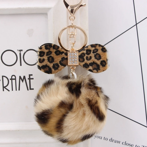Leopard Print Bow Faux Fur Pom Pom Keychain Rhinestone Alloy Bag Hanging Ornament Car Key Ring Gift