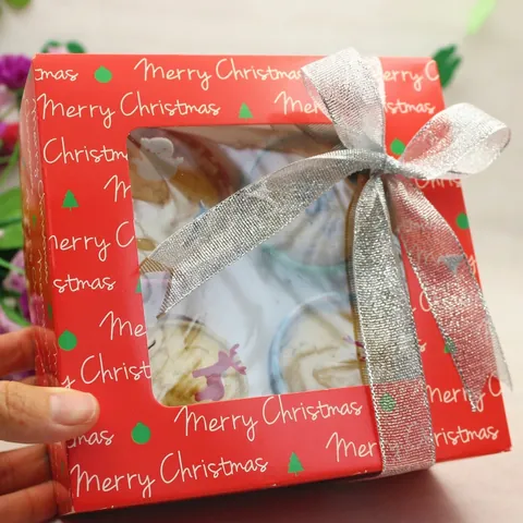 Christmas Cupcake Boxes Cardboard Window Packaging For Cookies Candy Gift Holiday Party Red Green Plaid Patterns