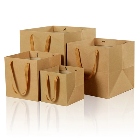 Square Bottom Paper Gift Bag Tote With Handles Minimalist Solid Color For Shopping Party Favor Flower Wrapping