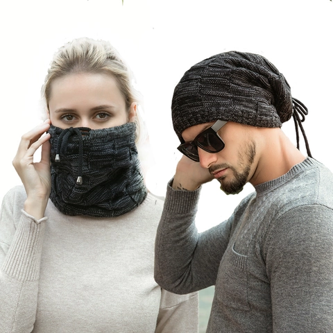 Women Men Winter Knitted Beanie Fleece Lined Thick Warm Slouchy Hat Scarf Dual Use Adjustable Drawstring Outdoor Windproof Cap