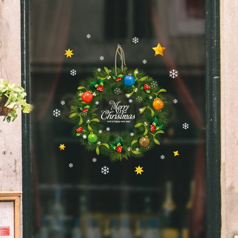 Adesivo Finestra Corona Natale PVC Doppia Faccia Removibile Decalcomania Parete Per Porta Vetro Negozio Casa Decorazione Festiva