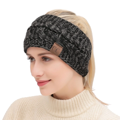 Bandeau Tricoté À Torsades Cache-Oreilles Hiver Femme Acrylique Moucheté Avec Écusson En Cuir