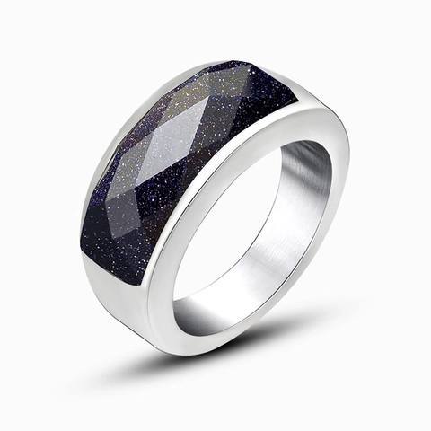 Anello Da Uomo In Acciaio Inossidabile Fascia Larga Gemma Rettangolare Sfaccettata Intarsio Pietra Di Sabbia Blu