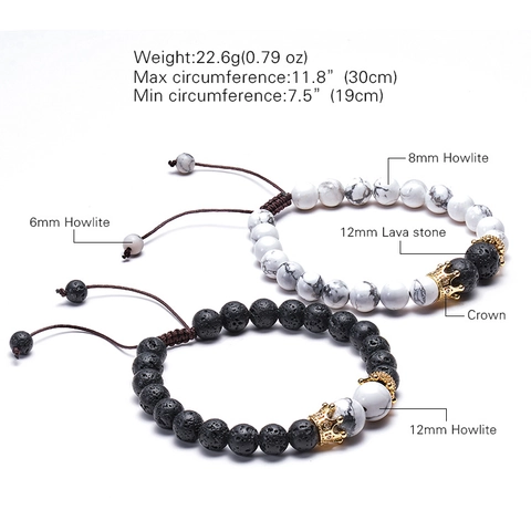 Braccialetti Di Perline Per Coppie Pietra Lavica Naturale Howlite Bianca Rame Micro Zircone Corona Fascino Corda Intrecciata Regolabile