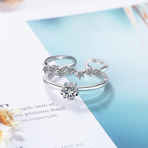 Koreanischer Stil Doppelschicht Zirkonia Stern Verstellbarer Ring Für Damen Kupfer Platin Überzogen Fingerring Schmuck