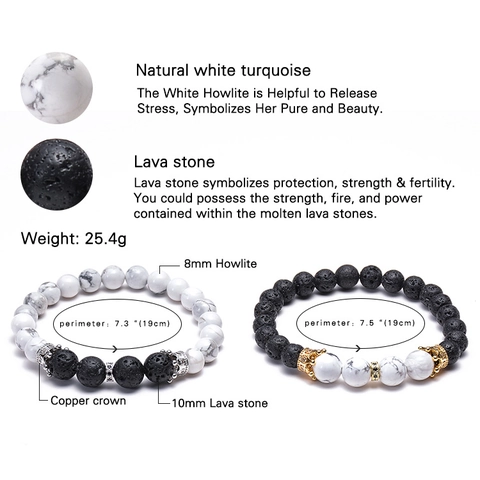 Bracciale Di Perle In Pietra Lavica Naturale E Turchese Bianco Con Corona In Rame Zircone Per Coppie Fatto A Mano