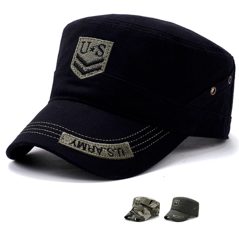 Men Cotton Canvas Cadet Cap Military Tactical Flat Top Hat With US Army Embroidery Adjustable Buckle Vintage
