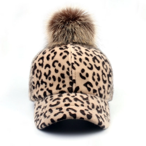 Fashion Women Leopard Print Baseball Cap With Large Faux Fur Pom Pom Winter Warm Cotton Polyester Adjustable Sun Hat