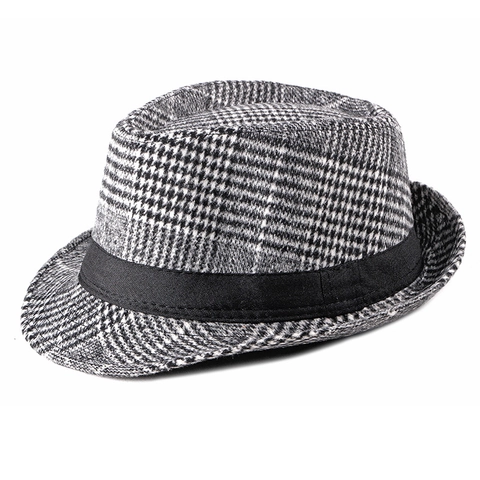 Vintage Britischer Karo Fedora Hut Wollfilz Hahnentritt Jazz Kappe Mit Zierband Für Herren Herbst Winter