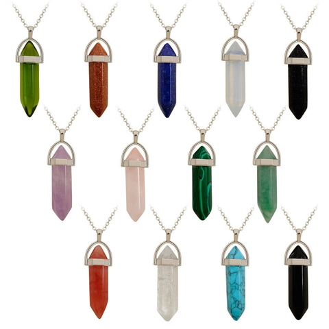 Hexagonal Pointed Pendant Necklace Natural Crystal Stone Healing Quartz Bullet Shape Silver Alloy Chain Fashion Jewelry Unisex