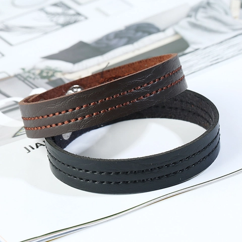 Bracciale In Pelle Punk Retro Per Uomo Donna Con Dettagli Cuciti E Bottone A Pressione In Metallo Regolabile Stile Vintage Unisex