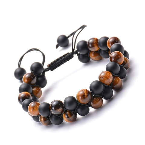 Natural Gemstone Dual Row Braided Bracelet Adjustable Energy Jewelry For Men Unisex