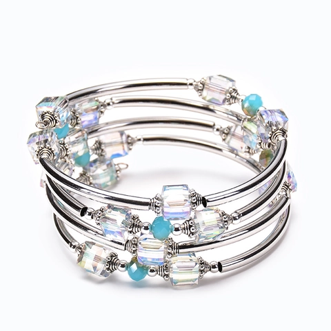 Multilayer Spiral Coil Bangle Bracelet Silver Metal Tube Iridescent Square Crystal Round Beads Bohemian Western Style