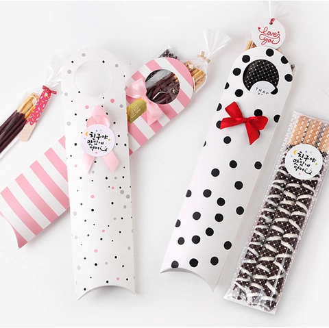 Long Strip Cardboard Gift Boxes With Ribbon Bows And Stickers For Biscuit Candy Packaging Korean Style Fresh Design