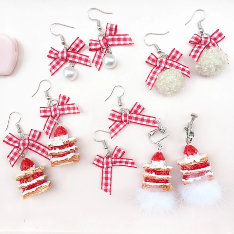 Orecchini Fiocco A Quadri Torta Di Fragole Lega Resina Tessuto Pompon Perla Artificial Retro Dolce Stile Giapponese Per Donna