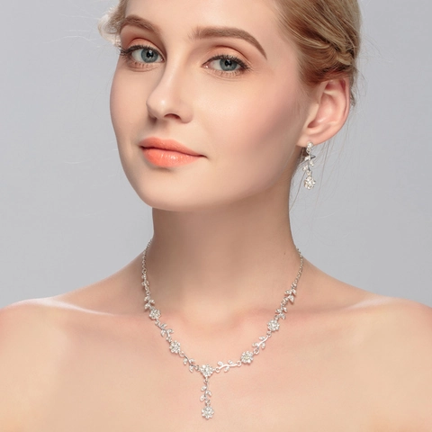 Collana E Orecchini Con Strass Fiore Foglia Argento Lega Gioielli Da Sposa Matrimonio Per Donne