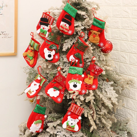 Mini Weihnachtsstrumpf Anhänger Stoff Filz Pailletten 3D Weihnachtsmann Schneemann Rentier Bär Festliche Baumdeko
