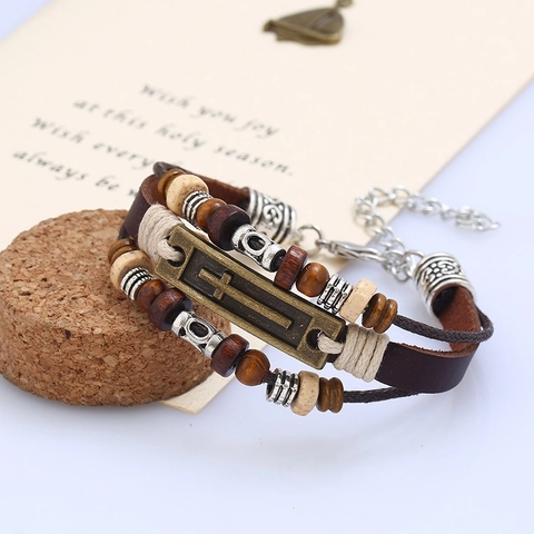 Bracciale In Pelle Multistrato Vintage Con Perline In Legno E Ciondolo A Croce In Lega Per Uomo Bracciale In Corda Di Canapa Intrecciata