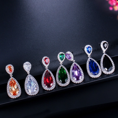 Boucles D'oreilles Pendantes Goutte D'eau Coupe Poire Avec Cuivre Zircon AAA Micro Pavé Halo Élégant Mariage Mariée Bijoux