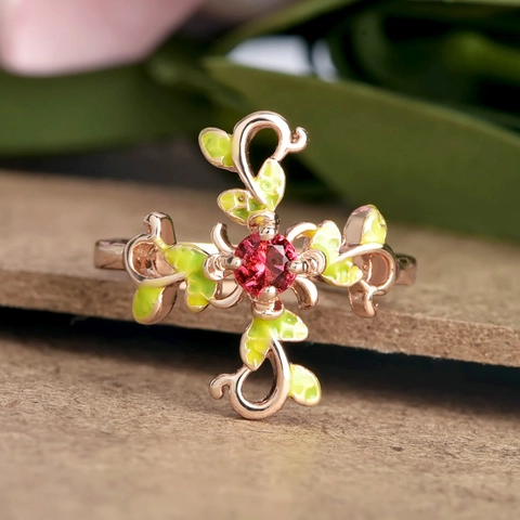 Bloem Rank Tak Wikkelring Rose Goud Verguld Rode Zirkoon Groene Emaille Blad Natuur Geïnspireerde Sieraden Voor Dames