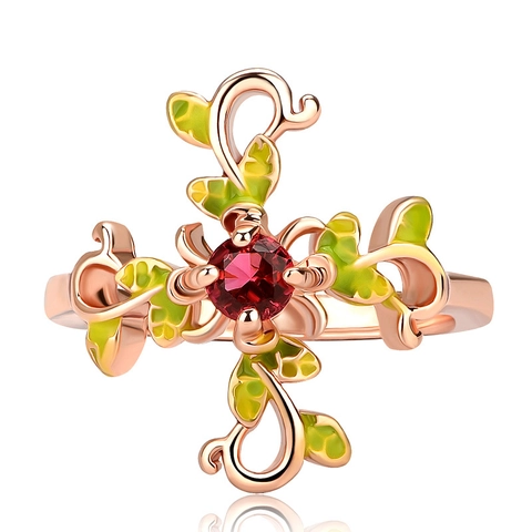 Bloem Rank Tak Wikkelring Rose Goud Verguld Rode Zirkoon Groene Emaille Blad Natuur Geïnspireerde Sieraden Voor Dames