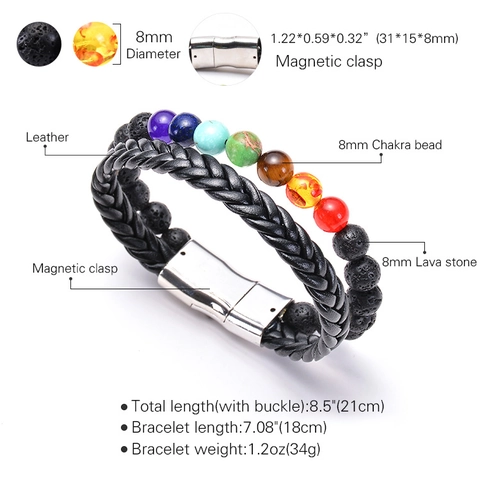 Pulsera Chakra Pulsera De Cuero Trenzado Con Piedra De Lava Natural Gemas Y Hebilla Magnética Joyería Yoga Unisex