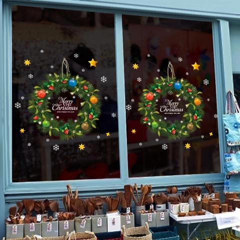 Christmas Window Stickers PVC Waterproof Removable Wreath Santa Snowman Decals Festive Glass Door Home Shop Decor