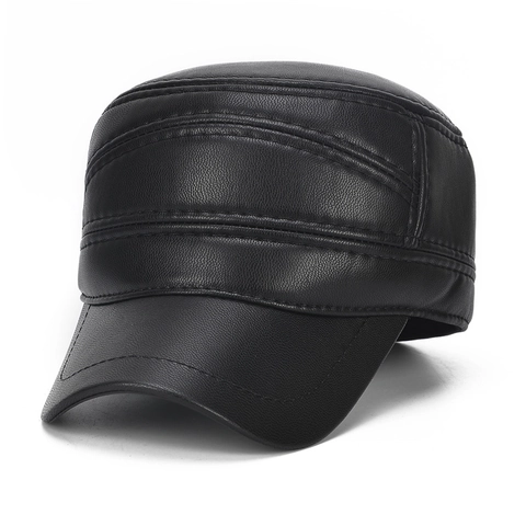 Men Winter PU Leather Flat Top Hat With Ear Flaps Warm Windproof Military Cadet Cap Adjustable Outdoor Vintage Style