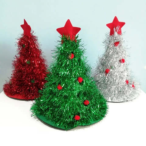 Creative Christmas Tree Shape Hat With Tinsel Star Topper Pompom Non-Woven Fabric Glowing Novelty Costume Accessory For Xmas Party Celebration Decor