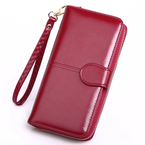 Vintage Women Long Wallet Oil Wax PU Leather Clutch Bag Zipper Buckle Wristlet Multi Card Slots Purse Handbag