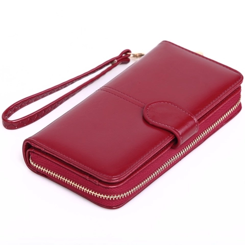 Vintage Women Long Wallet Oil Wax PU Leather Clutch Bag Zipper Buckle Wristlet Multi Card Slots Purse Handbag