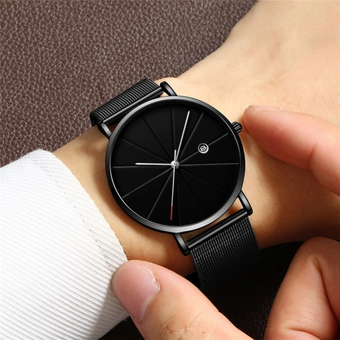 Men Quartz Watch Minimalist Business Wristwatch Date Display Metal Mesh Or Leather Strap Alloy Case Fashionable