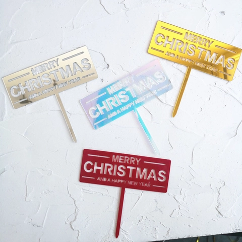 Merry Christmas And A Happy New Year Cake Topper Acrylic Rectangle Mirror Surface Party Decoration Holiday Supplies