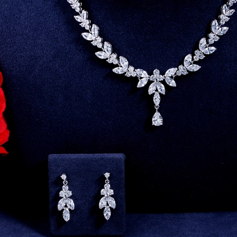 Luxury Copper Zirconia Jewelry Set AAA Zirconia Waterdrop Leaf Necklace Earrings Bridal Wedding Banquet Jewelry Set For Women