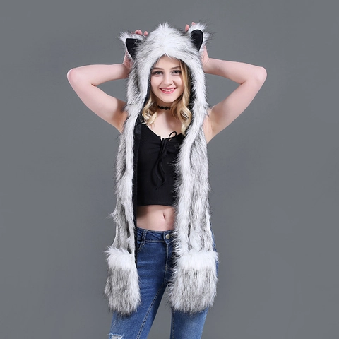 3-In-1 Kunstpelz Tier Kapuzenschal Handschuhe Acryl Winter Warm Plüsch Ohrenklappenmütze Für Damen Herren Kostüm Zubehör