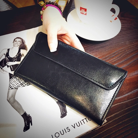 Damen Geldbörse Lang Echtes Leder Rindsleder Klappverschluss Business Clutch Kartenhalter Retro Stil Mode