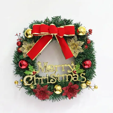 Christmas Wreath Artificial Pine With Red Bow Gold Flowers Merry Christmas Sign Festive Front Door Wall Hanging Decor
