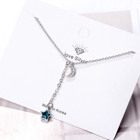 Collana Pendente Rame Placcato Oro Bianco Stella Blu Zircone Luna Crescente Elegante Dolce Minimalista Gioielli Per Donna