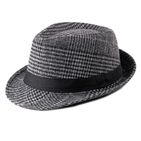 Vintage Britischer Karo Fedora Hut Wollfilz Hahnentritt Jazz Kappe Mit Zierband Für Herren Herbst Winter