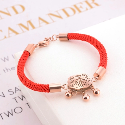 Fu Character Red Rope Bracelet Stainless Steel Rose Gold Plated Longevity Lock Bells Lucky Charm Adjustable Women