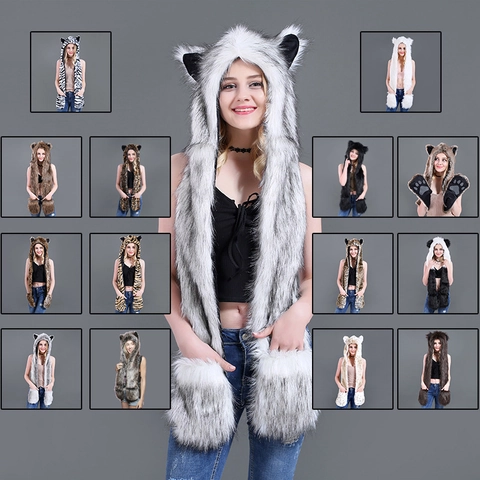 3-In-1 Kunstpelz Tier Kapuzenschal Handschuhe Acryl Winter Warm Plüsch Ohrenklappenmütze Für Damen Herren Kostüm Zubehör