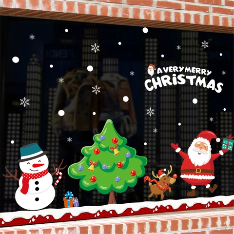 Christmas Window Stickers Cartoon Santa Claus Snowman Reindeer Snowflake PVC Decals For Glass Door Shop Home Decor