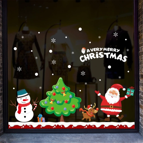 Christmas Window Stickers Cartoon Santa Claus Snowman Reindeer Snowflake PVC Decals For Glass Door Shop Home Decor